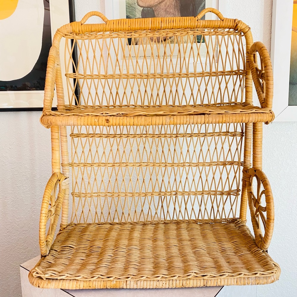 SOLD Vintage Large Tan Wicker Rattan 2 Tier Wall Shelf Boho